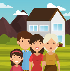 Obraz na płótnie Canvas Family with outdoors landscape and house behind vector illustration 
