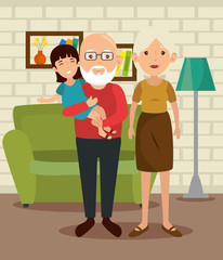 Grandparents and granddaughter at the living room colorful design vector illustration
