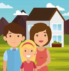 Family with outdoors landscape and house behind vector illustration 
