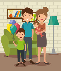 Cute family with balloons at the living room colorful design vector illustration