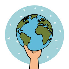 Hand holding planet over blue and white background vector illustration