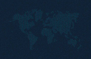 Hexadecimal computer code in the form of a silhouette of the world map. Blue symbols on dark background. Abstract background. Hacker attack. Generated computer code concept
