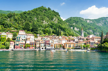 Fototapeta na wymiar view on town Varenna from Lake Como in North Italy
