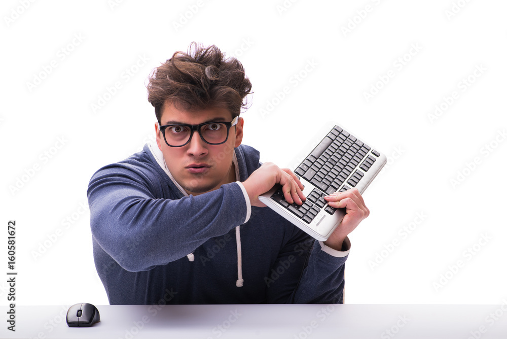 Aufkleber funny nerd man working on computer isolated on white