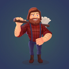 Vector illustration of standing lumberjack with axe. A cartoon character of happy feller with beard in red shirt and tailors. A concept of hipster woodcutter on dark blue background.