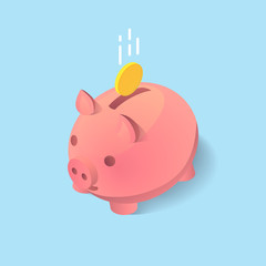 A vector clip art of moneybox in the form of a pig with a coin falling into it. Concept of saving money in isometric 3D style and flat design.