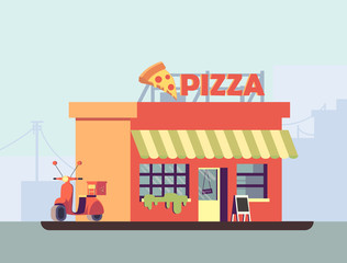 A vector illustration of italian pizzeria in flat design. A building with a motorbike nearby. 