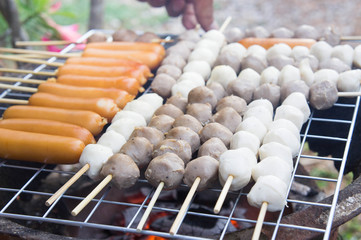 Grilled Meatballs , Grilled ball on charcoal fire
