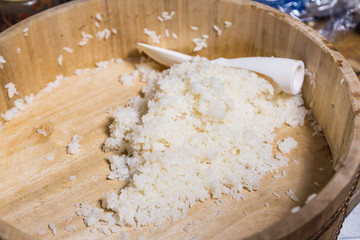 cooked japanese rice in wooden bowl
