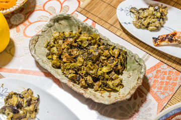 Japanese style vegetable pickles on breakfast table.