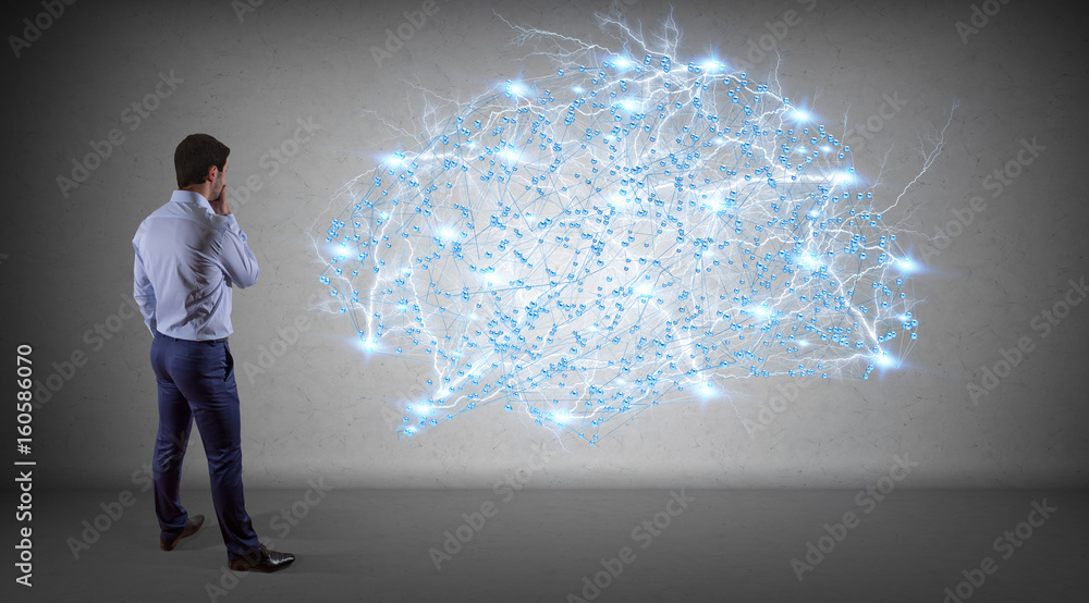 Poster Businessman using digital brain interface on a wall 3D rendering