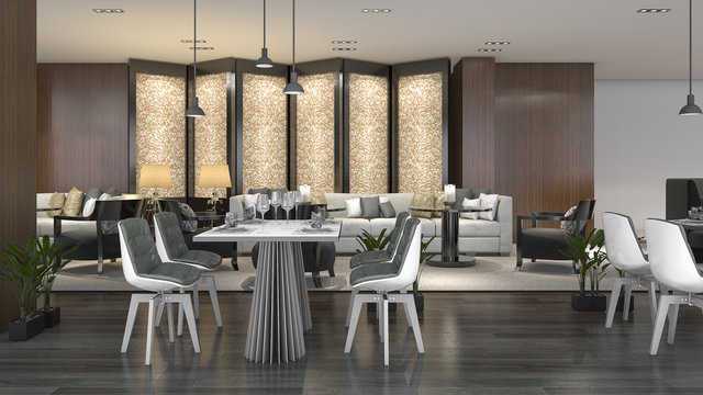 3d rendering luxury hotel reception and lounge restaurant
