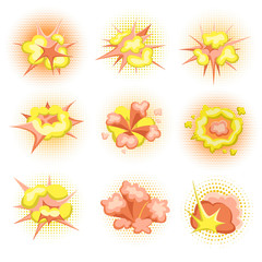 Cartoon Boom. Set of fire bomb explosions in comic style. Vector illustration, isolated on white background.
