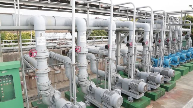 Penghu, Taiwan-03 November, 2014: Modern water pumps in a water filtration plant in Penghu, Taiwan. Centrifugal pumps.