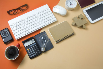 work gadget and devices on color paper