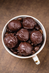 Closeup chocolate truffle candies. Top view