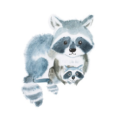 Cute fuzzy raccoon family, mother warming her little baby. Artwork created with watercolor technique. © undrey