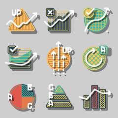 Set of colorful infographics elements and diagrams, circle charts, arrows. Flat icons with shadows for business. Vector paper style illustration badges.