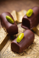 Handmade luxury chocolates with pistachio
