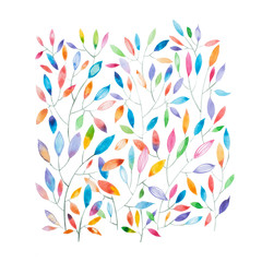 Watercolor painting of thin tree branches with multicolored leaves