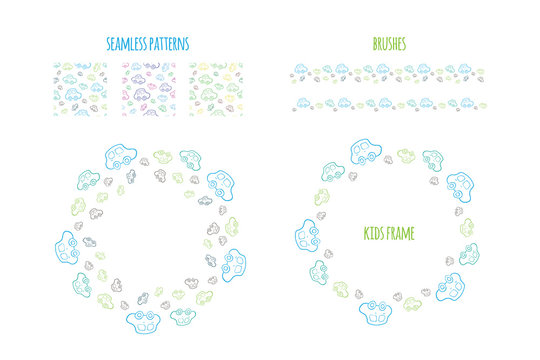 Set of vector seamless baby boy pattern. Pattern, circle wreath and brushes borders with hand drawn cars. Elements for design kids banner, flyer, background, wallpaper, card and others.