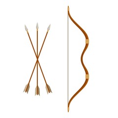 Bow and arrows isolated on white background. Archery or hunter tools. Vector illustration.