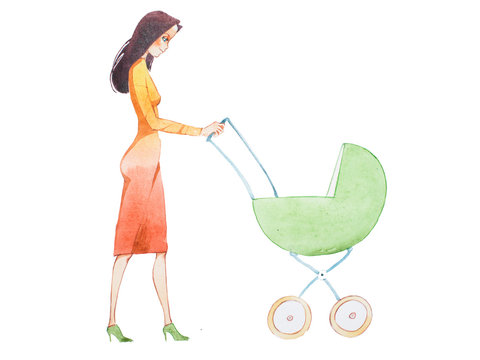 Cartoon illustration of beautiful young mother walking with a stroller