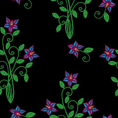 Seamless pattern with embroidery stitches imitation flower and leaf