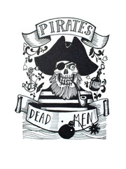 Black and white hand drawn sketch of pirate s skull in cocked hat and piratic symbols and labels