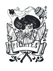 Pen and ink vintage drawing of pirate captain for tattoo or T-shirt design