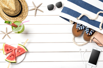 Summer background with watermelon, beach bag and accessories