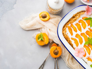 Home made apricot not baked cheese cake in enamel tin on gray background with flowers