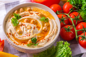 Hummus and chickpea. Jewish Cuisine. Top view