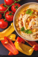 Hummus and chickpea. Jewish Cuisine. Top view