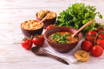 Soup Harira with figs. Ramadan food. Traditional Jewish cuisine