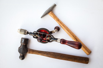 old vintage tool for wooden work, carpenter tool on white background