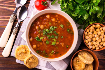 Soup Harira with figs. Ramadan food. Traditional Jewish cuisine