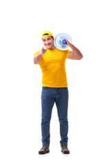 Man delivering water bottle isolated on white