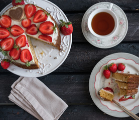 honey cake strawberries on top, tea time