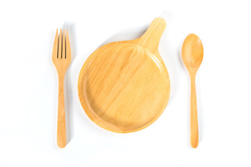 Top view of Kitchenware set of wooden dish, fork, and spoon on white background