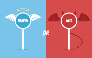Heaven or hell road sign. Vector flat cartoon illustration