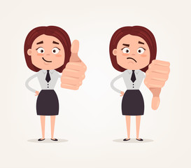 Happy smiling and angry sad business woman office worker characters show likes and dislikes hand gesture sign.  Vector flat cartoon illustration set