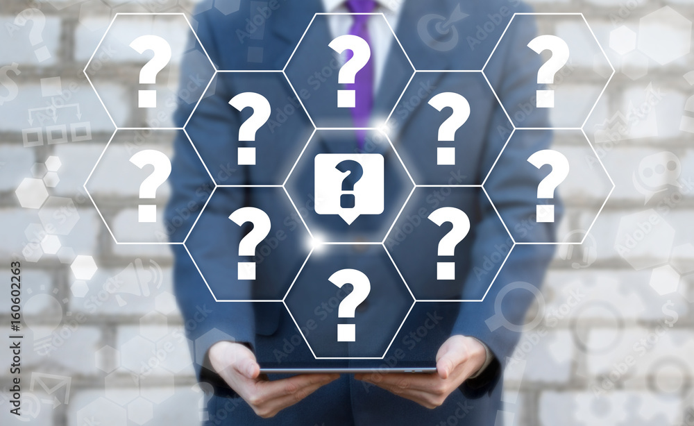 Poster businessman offers tablet computer with questions icon on virtual screen. faq support service questi