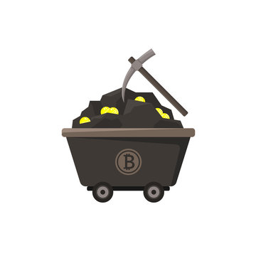 Cryptocurrency mining concept with pickaxe, with trolley of ore and coins