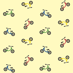 Colorful kids balance bike seamless pattern, cute texture with red, yellow, green and blue toddler run bikes