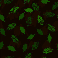 Seamless pattern vector background with oak leaves on a brown background.