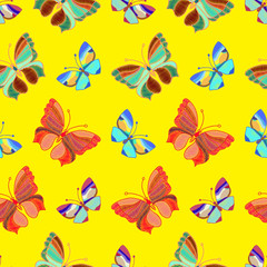 Seamless pattern of colorful embroidered butterflies on a yellow background, vector illustration