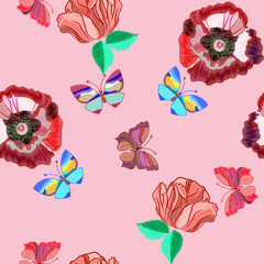 Seamless pattern of colorful embroidered butterfly and colorful embroidered flowers on a pink background, vector illustration