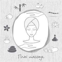 Beautiful woman taking facial massage treatment. Thai massage. Spa icons set on wooden background in grey. Stock vector. Flat design.