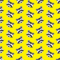 Seamless pattern the face of a raccoon on a bright yellow background, vector illustration